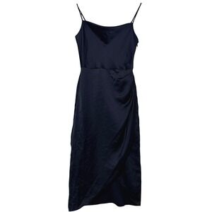 Open Edit Black Satin Slip Midi Dress Spaghetti Strap XS Surplice Ethereal Whims